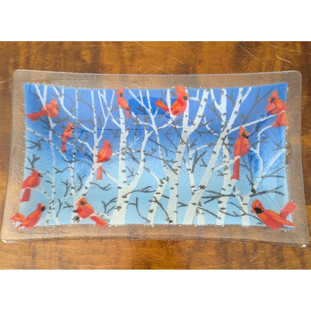 Vintage Artist Peggy Karr Fused Art Glass Tray Cardinals Birch Trees